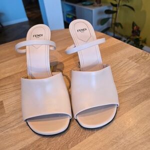 Fendi White Cream Leather Open-Toe Slide Mules
